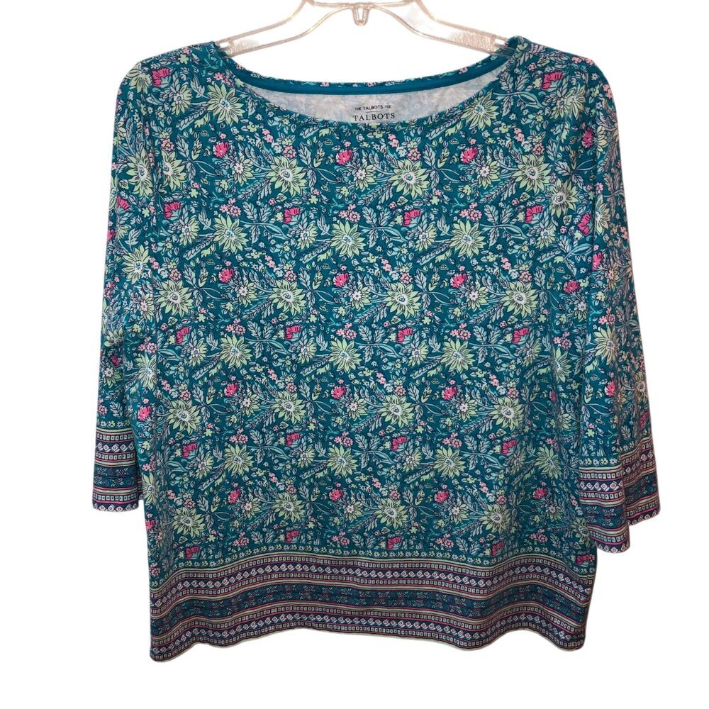 Talbots Tees Womens Plus Size 2X Blue Floral 3/4 Sleeve Boat Neck Boho Shirt Top